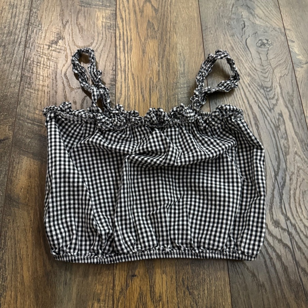 American Eagle Black White Gingham Ruffle Crop Top XS Cotton Smocked Cottagecore